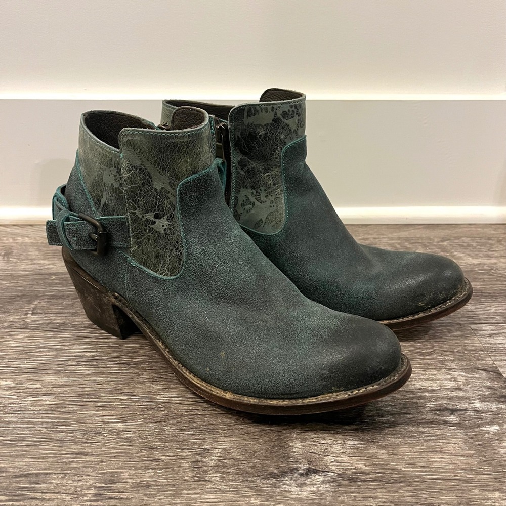 J.B. Dillon Booties Womens 12 Teal Distressed Suede Leather Ankle Buckle Western